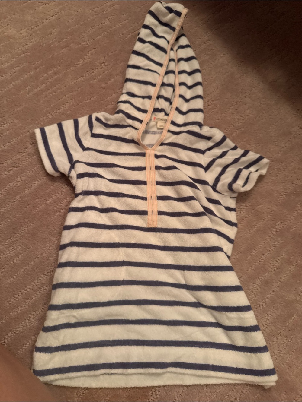 Crewcuts Striped Hooded Terry Tunic in Navy & White with Pale Peach Trim